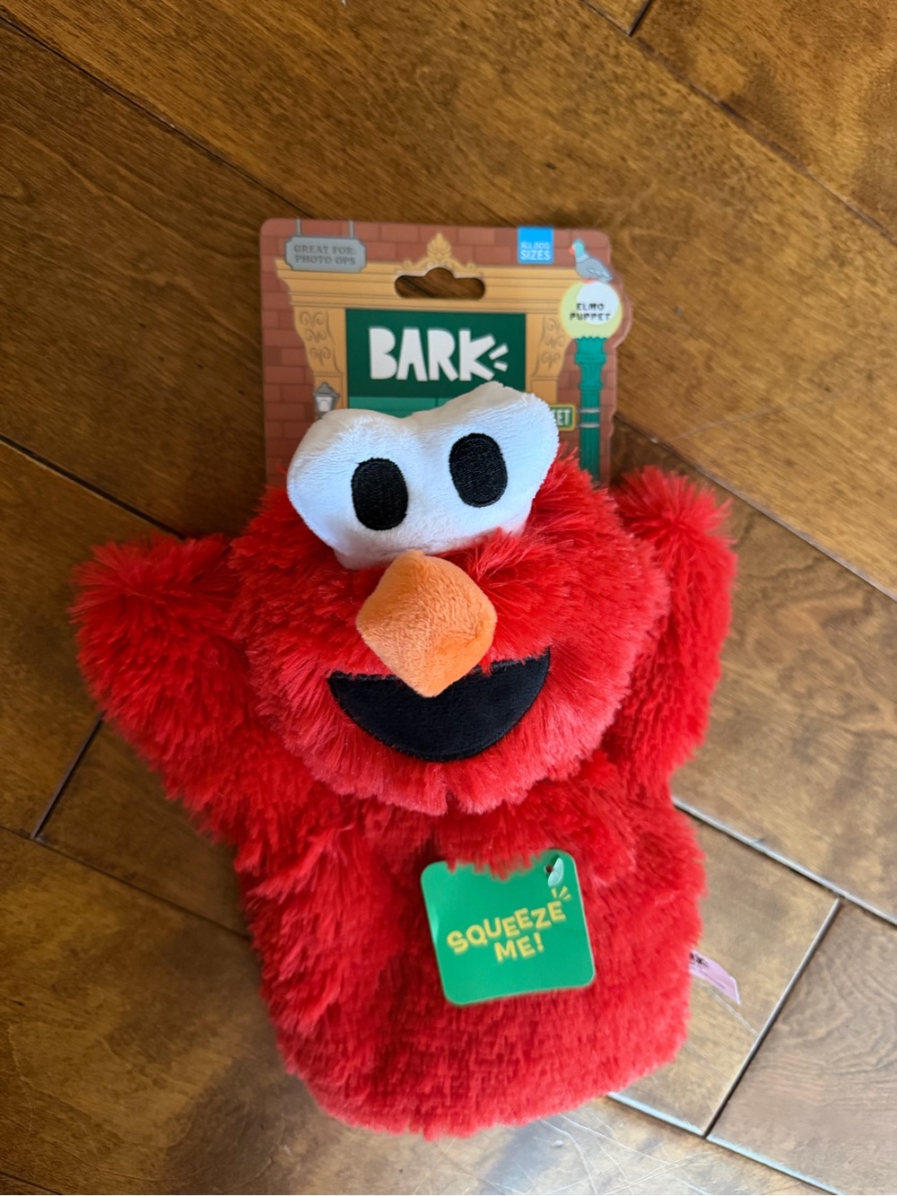 BARK Dog Toy Sesame Street Elmo Red Plush Squeaky Puppet Dog Toy